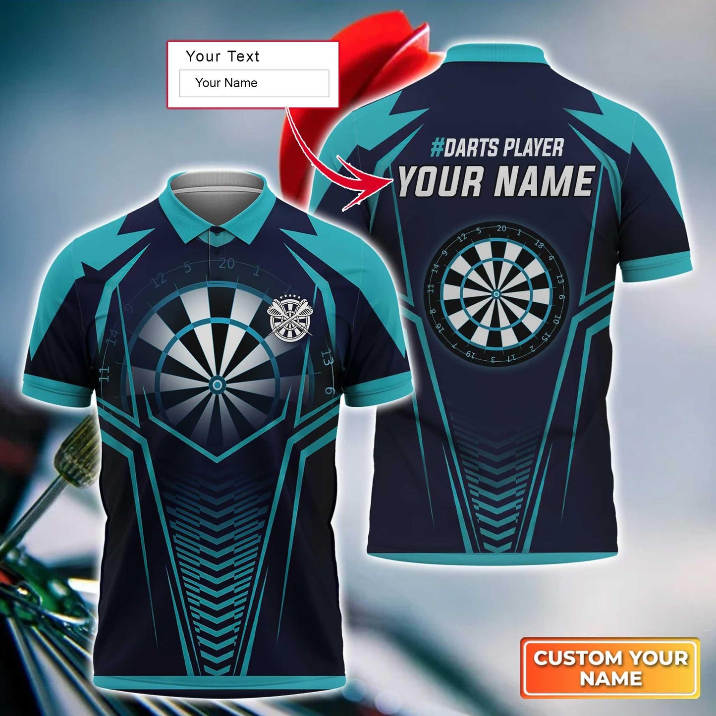 Darts Custom Name Men Polo Shirt, Dartboard And Arrow Blue Personalized Men Polo Shirt Gift For Darts Lovers, Friend, Darts Team Player - Amzanimalsgift