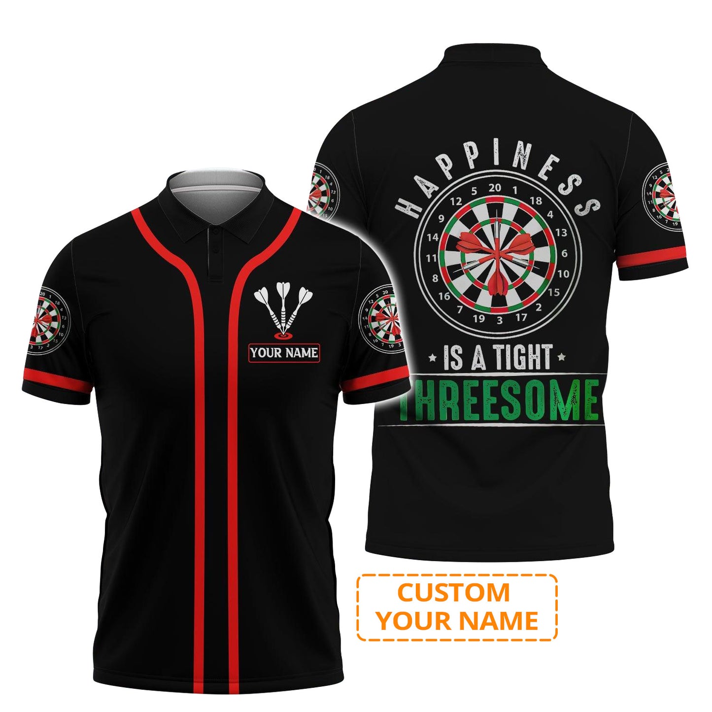 Darts Custom Name Men Polo Shirt, Happiness Is A Tight Threesome Personalized Men Polo Shirt Gift For Darts Lovers, Friend, Darts Team Player