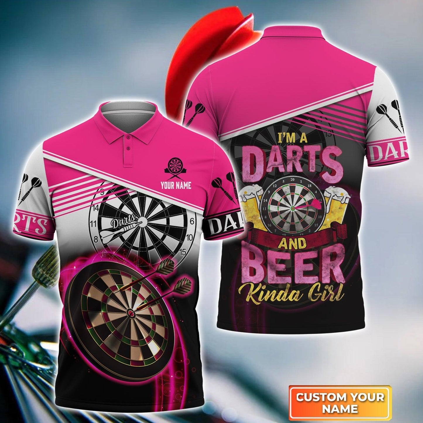 Darts Custom Name Men Polo Shirt, I'm A Darts And Beer Kinda Girl Personalized Pink Men Polo Shirt Gift For Darts Lovers, Friend, Team Player - Amzanimalsgift