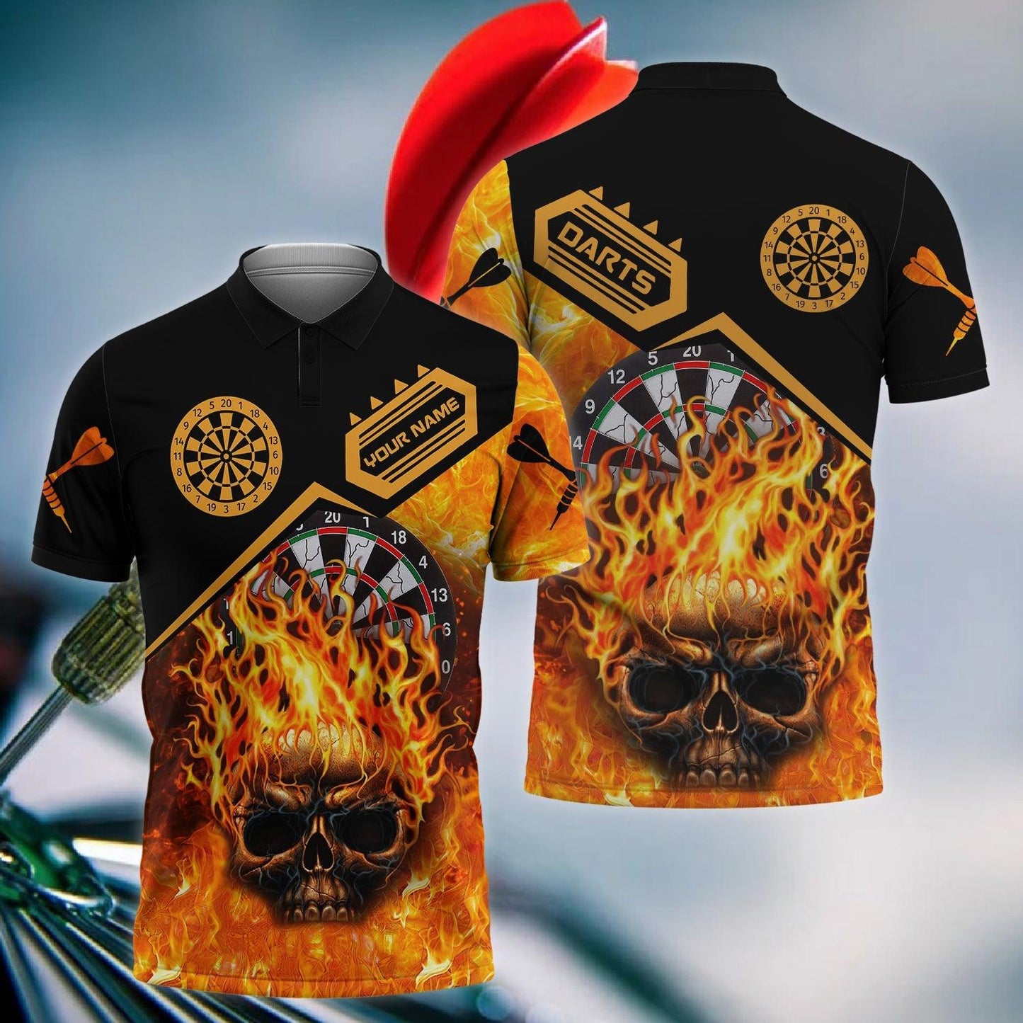 Darts Custom Name Men Polo Shirt, Skull Flame Dartboard Personalized Men Polo Shirt Gift For Darts Lovers, Friend, Team, Darts Player - Amzanimalsgift