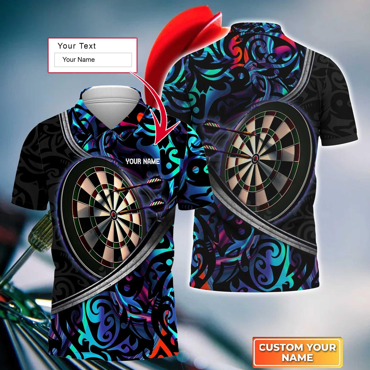 Darts Custom Name Men Polo Shirt, Tattoo Color Darts Dartboard Personalized Men Polo Shirt Gift For Darts Lovers, Friend, Darts Team Player - Amzanimalsgift