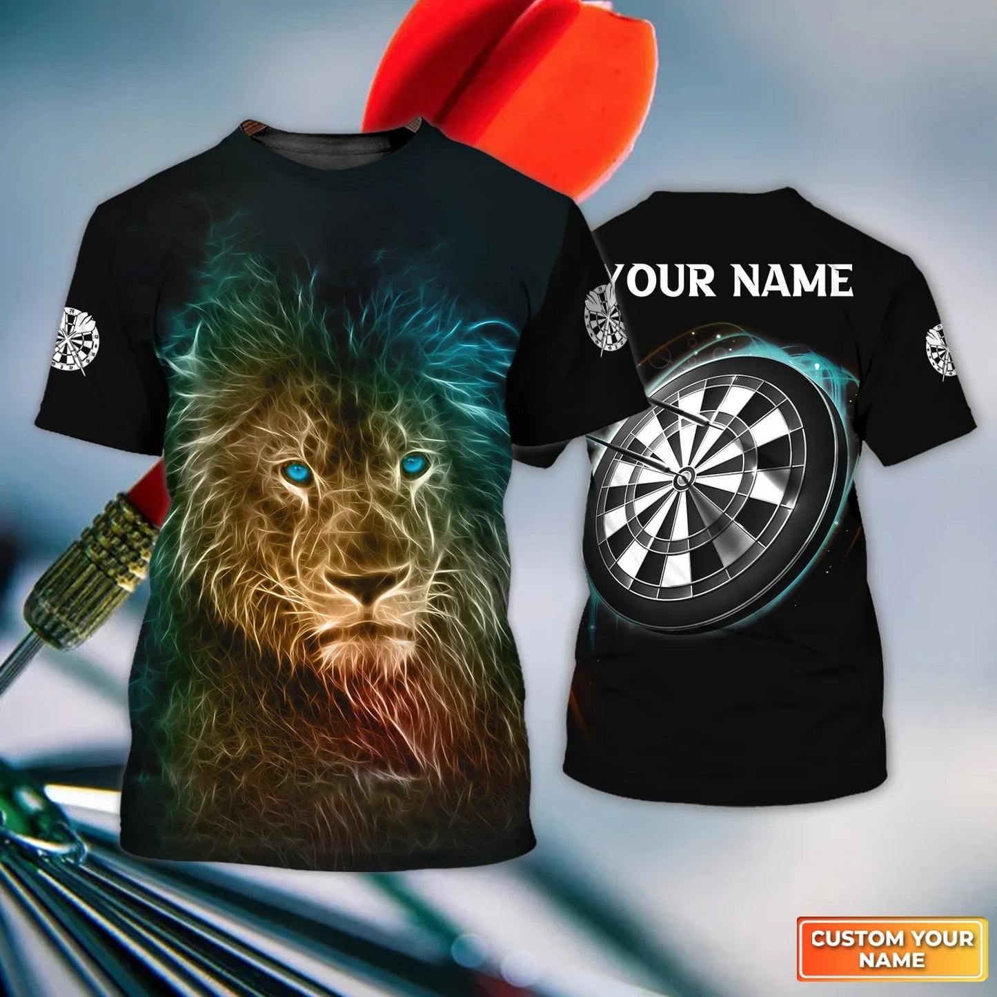 Darts Custom Name T Shirt, Blue Bullseye Dartboard Personalized Name Lion And Darts T-Shirt For Men Women - Gift For Darts Lovers, Dart Team Player - Amzanimalsgift