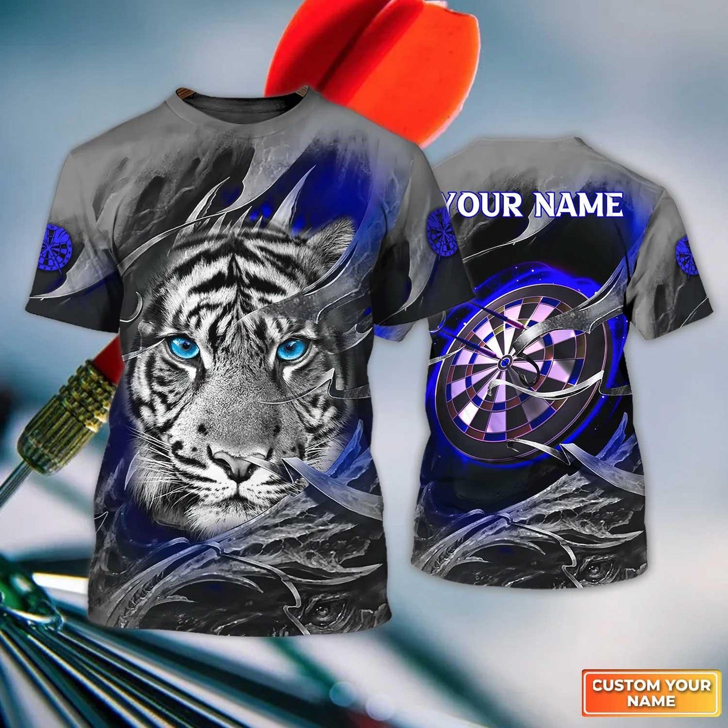 Darts Custom Name T Shirt, Blue Bullseye Dartboard Personalized Name Tiger And Darts T-Shirt For Men Women - Gift For Darts Lovers, Dart Team Player - Amzanimalsgift