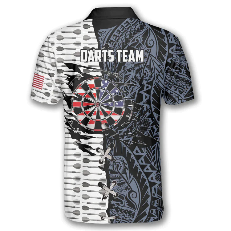Darts Custom Team Name Men Polo Shirt, Personalized Dart Arrow Tribal Tattoo American Flag Polo Shirts For Men, Fourth of July Apparel For Darts Lover - Amzanimalsgift
