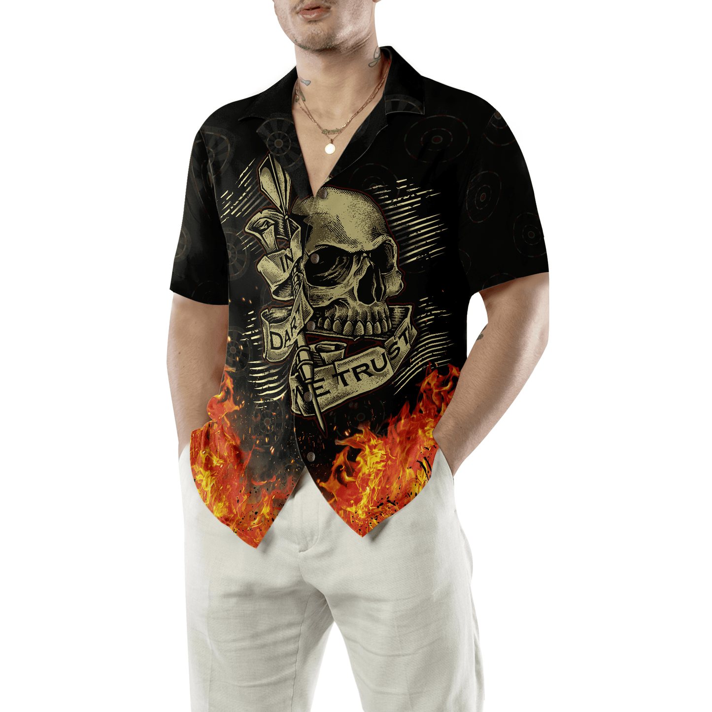 Darts Hawaiian Shirt Flame Skull, In Dart We Trust Play Hard, Colorful Summer Aloha Shirt For Men Women, Perfect Gift For Friend, Family, Husband - Amzanimalsgift