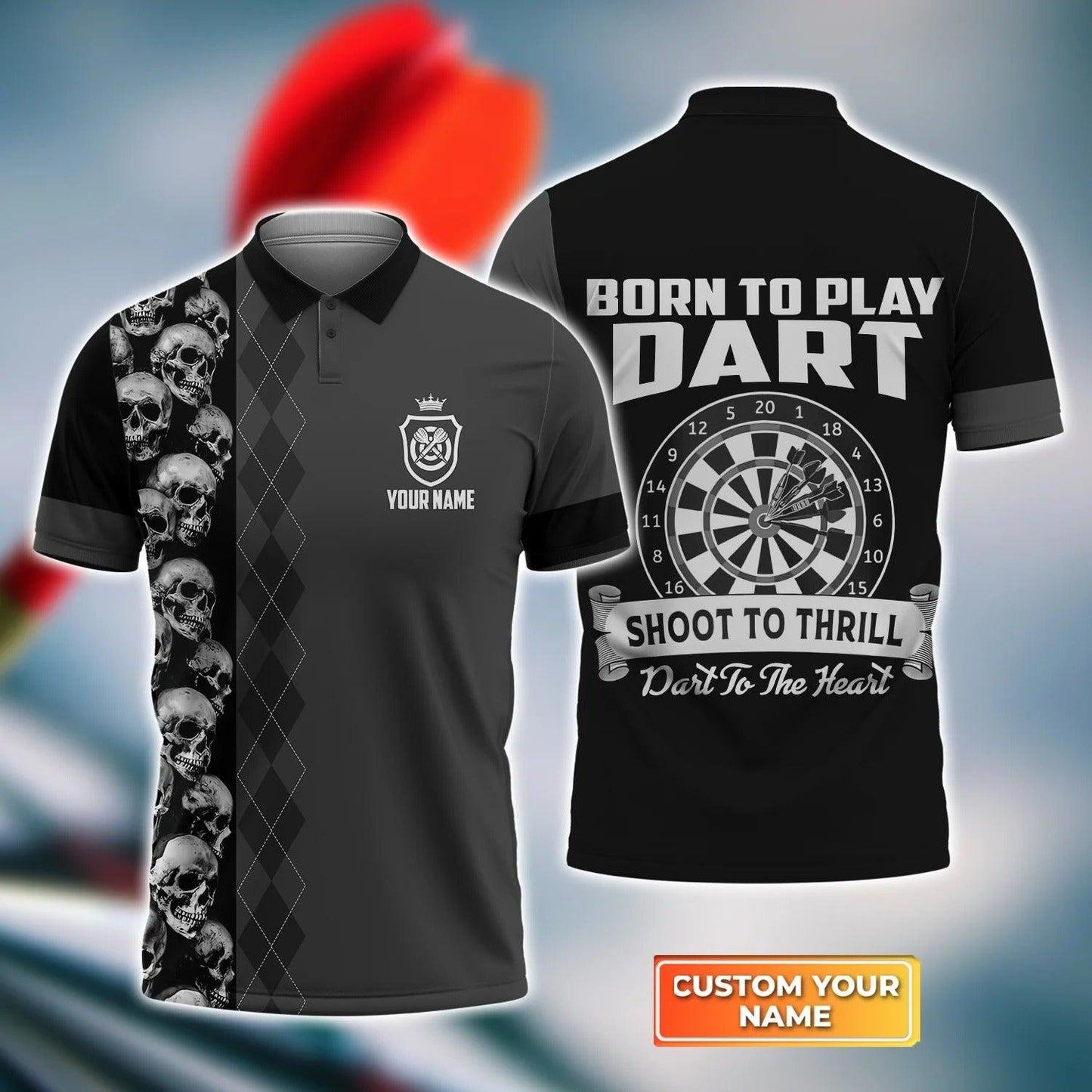 Darts Polo Shirts Personalised, Skull Dart Men Polo Shirt, Born To Play Dart Custom Name Men Polo Shirt - Perfect Gift For Men, Darts Player - Amzanimalsgift