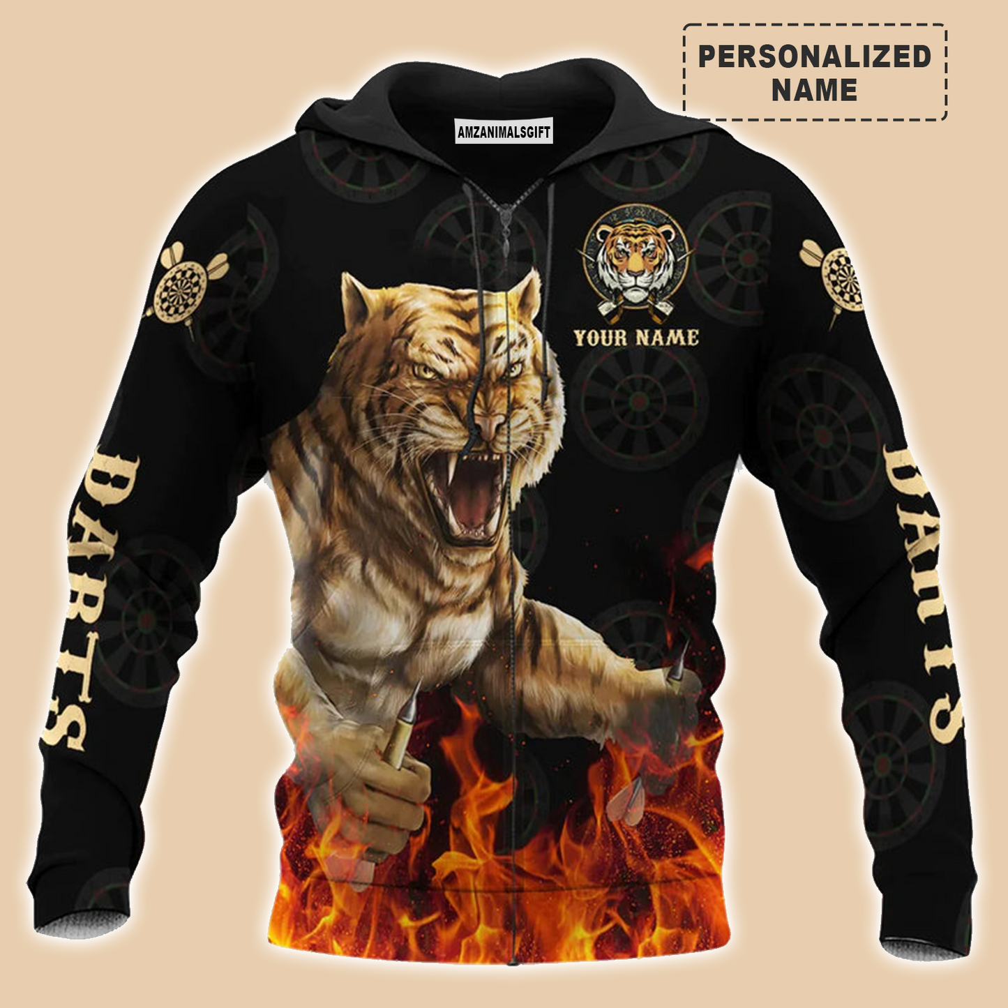 Darts Tiger Black And Fire T-Shirt Customized Name, Perfect Outfit For Darts Players Uniforms, Darts Lovers, Team