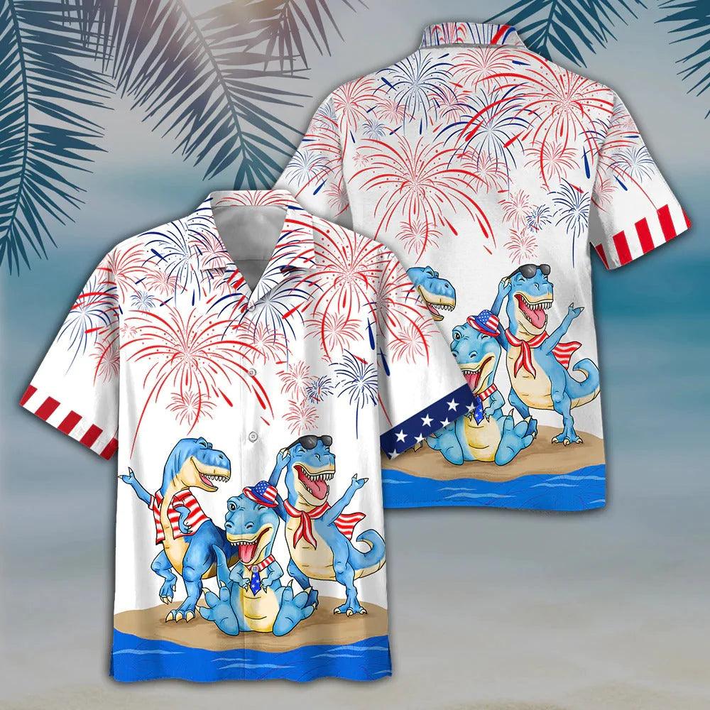 Dinosaur Aloha Hawaiian Shirts For Summer, Happy Independence Day USA Flag Aloha Hawaiian Shirt For Men Women, Fourth July Gift For Dinosaur Lovers - Amzanimalsgift