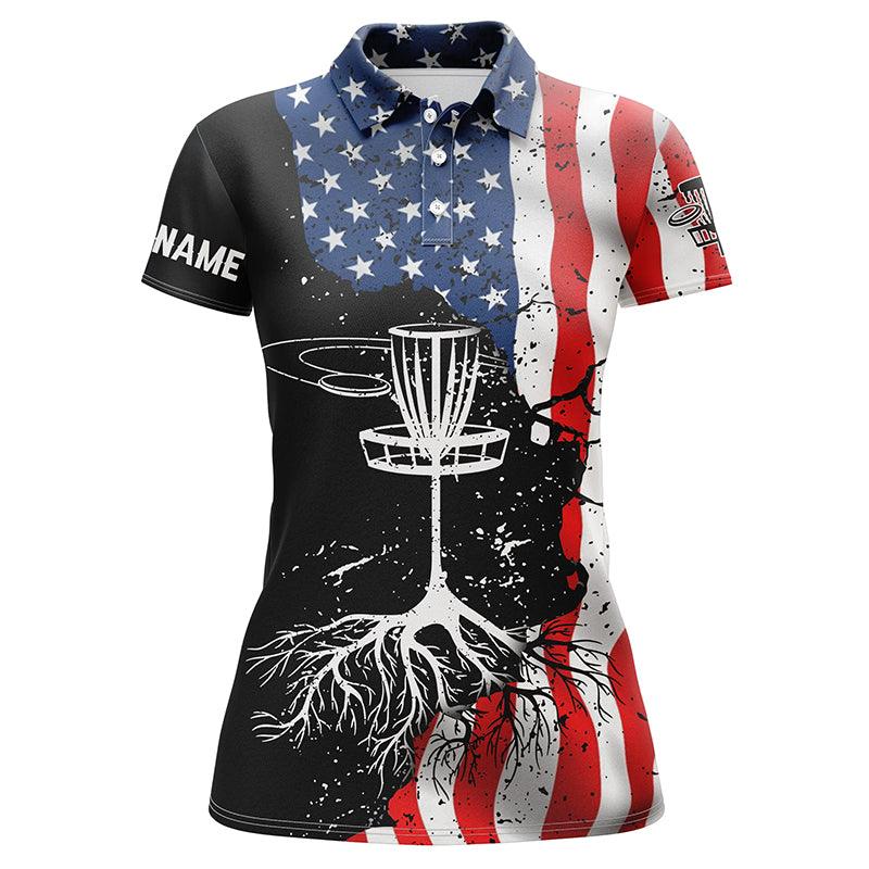 Disc Golf Custom Name Women Polo Shirt, Vintage American Flag Patriotic Personalized Women Polo Shirts, Gift For Ladies, Disc Golf Lovers - Amzanimalsgift