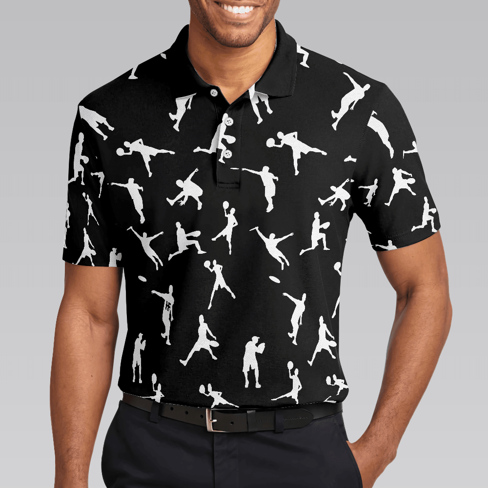 Disc Golf Men Polo Shirt - Silhouette Playing Disc Golf Polo Shirt, Black And White Disc Golfer Pattern Polo Shirt, Disc Golf Shirt For Men - Amzanimalsgift