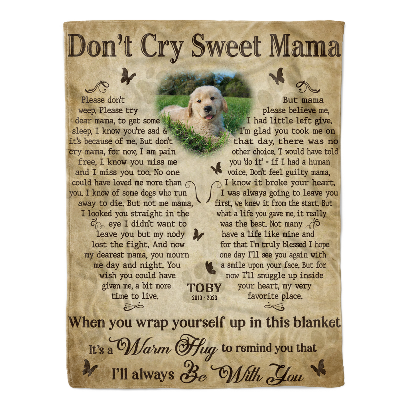 Dog Memorial Blanket With Custom Name Photo Butterfly Pattern Poem Don't Cry Sweet Mama, Remembrance Sympathy Gifts For Loss Of Dog