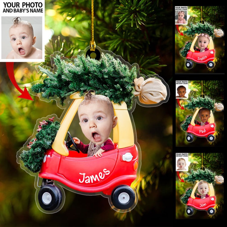 Baby Driving Car Ornament Christmas Pine Tree, Custom Baby Photo Shape Acrylic Ornament