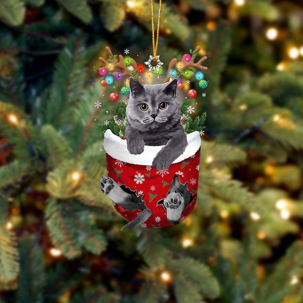 British Grey Cat In Snow Pocket Christmas Flat Cat Car Ornament- Best Gift For Cat Lovers