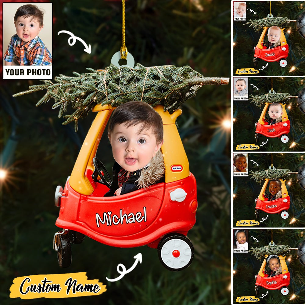 Custom Baby Cute Photo And Christmas Tree On Car With Name Ornament