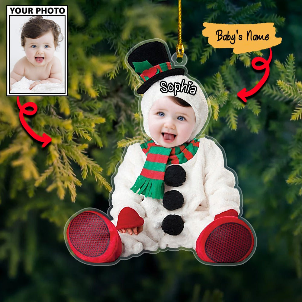 Custom Baby Snowman Cute Photo With Name For Christmas Ornament