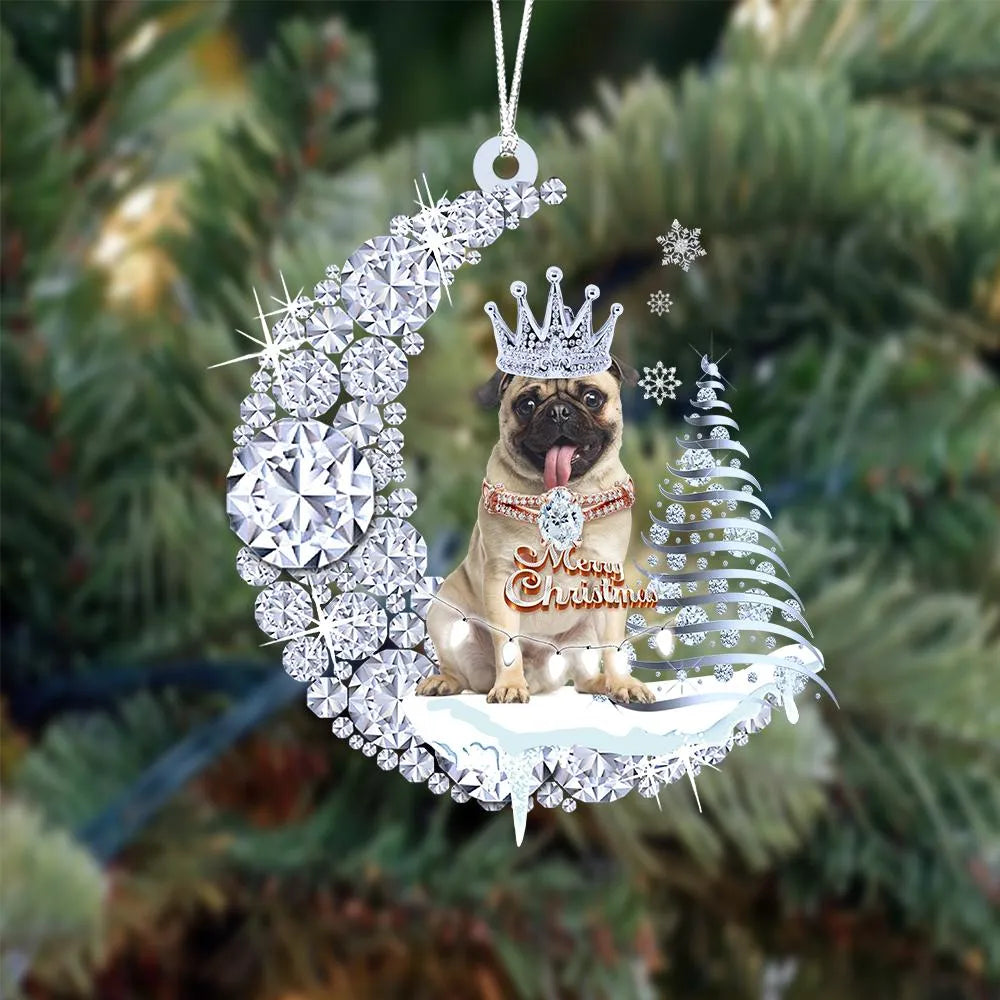 Customized Pug Diamond Moon Merry Christmas Mica Ornament - Best Gift For Dog Lovers, Dog Owners