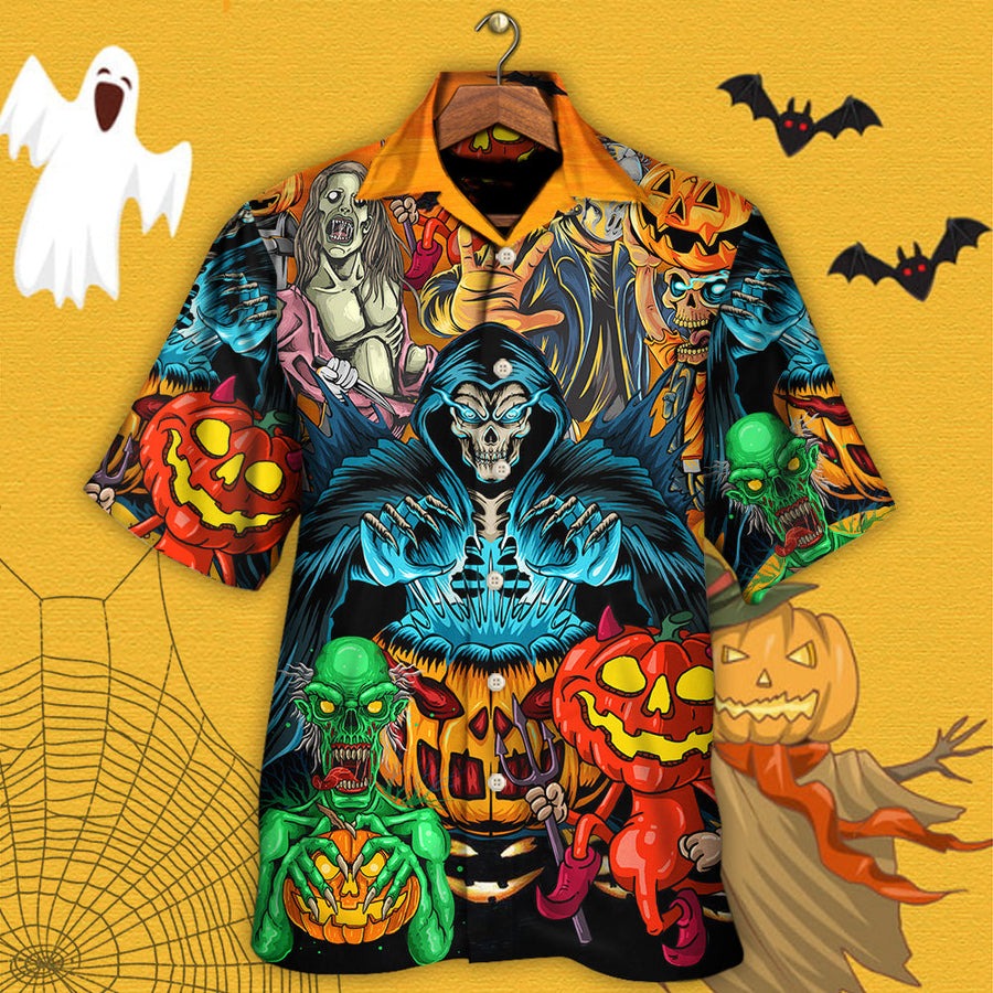Halloween Scary Skull Hawaiian Shirt, Halloween Death Gun Pumpkin Horror Aloha Shirt For Men & Women - Halloween Gift For Members Family, Friends