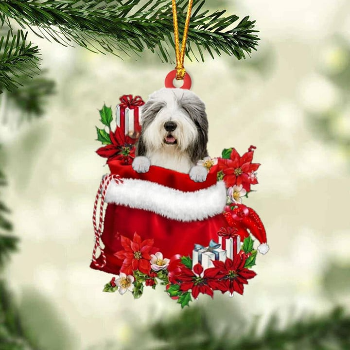 Personalized Name Old English Sheepdog In Red Gift Bag Acrylic Christmas Ornament, Custom Christmas Gift For Dog Lovers, Dog Mom