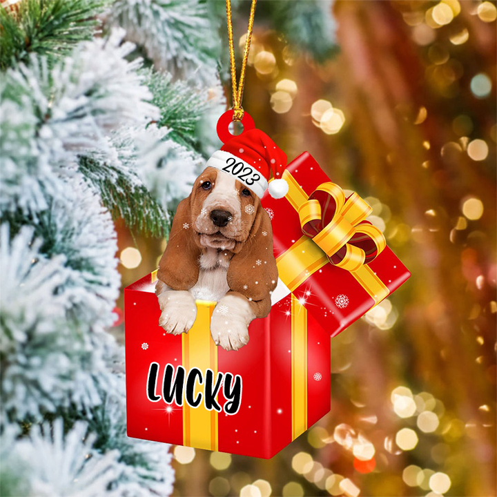 Customized Basset Hound In Red Gift Box Acrylic Christmas Ornament Personalized Pet Christmas Ornament - Gift For Dog Lovers, Pet Lovers