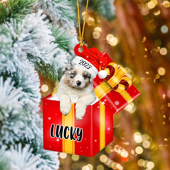 Customized Australian Shepherd In Red Gift Box Acrylic Christmas Ornament Personalized Pet Christmas Ornament - Gift For Dog Lovers, Pet Lovers
