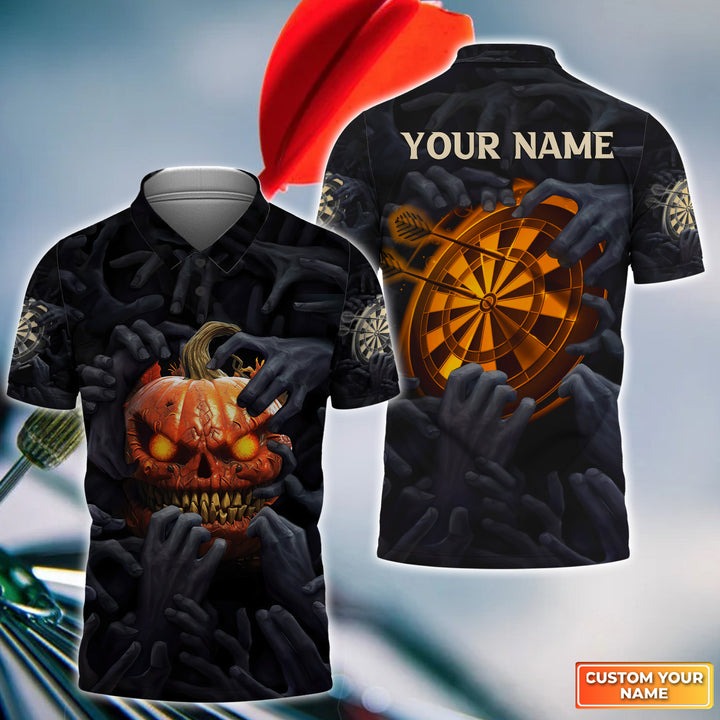 Customized Name Darts Men Polo Shirt, Bullseye Dartboard Personalized Pumpkin And Darts Polo Shirt - Gift For Darts Players, Darts Lovers