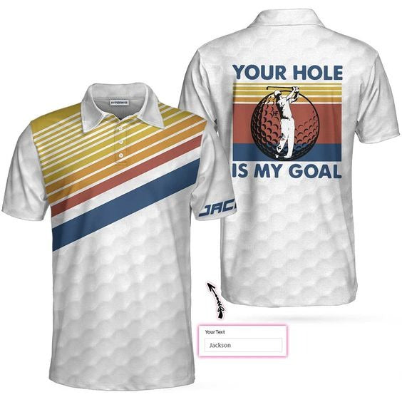Custom Golf Long Sleeve Men Polo Shirt- Your Hole Is My Goal Retro Striped Personalized Polo Shirt, Personalized Gift For Men,Golf Lovers