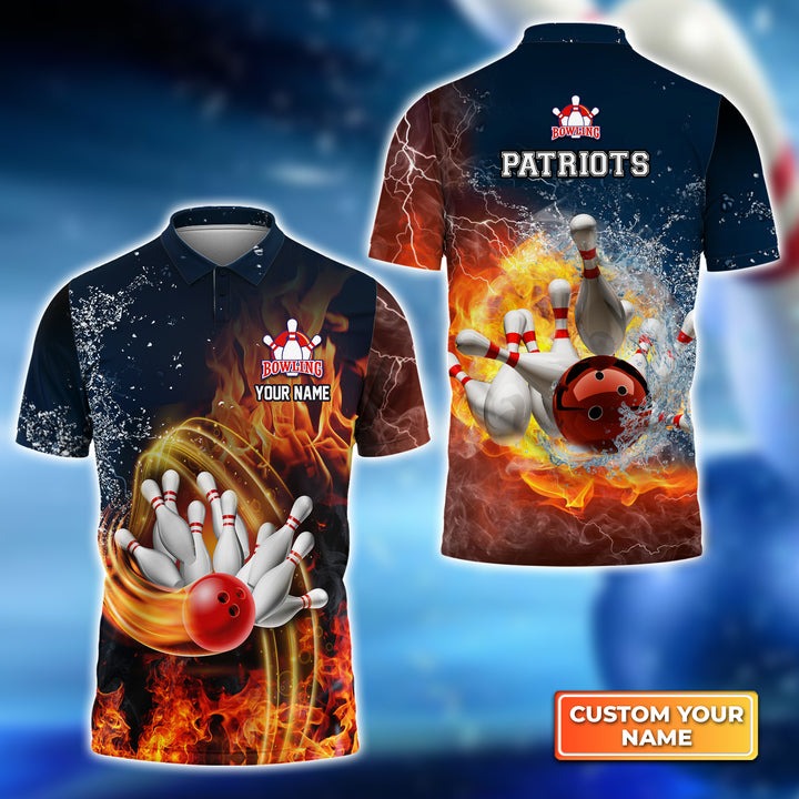 Customized Bowling Polo Shirt, Personalized Polo Shirt Patriots Bowling Ball On Fire Polo Shirt For Men - Gift For Bowlers, Bowling Lovers