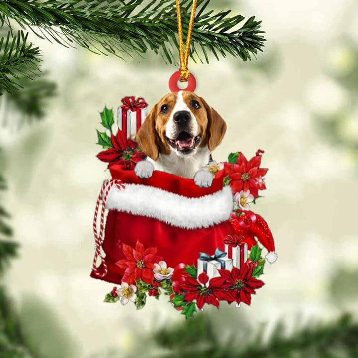 Customized Beagle In Red Gift Bag Acrylic Christmas Ornament, Personalized Christmas Gift For Dog Lovers, Dog Mom