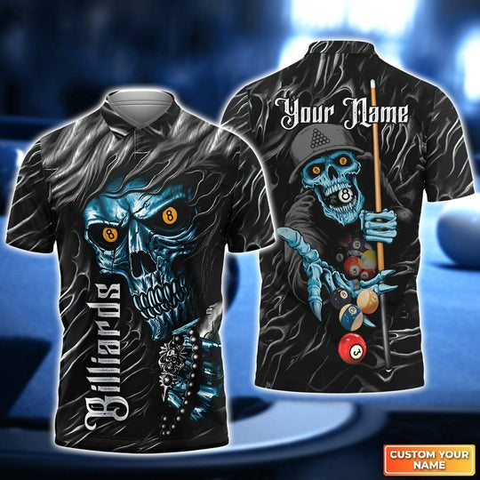 Customized Name Billiard Men Polo Shirt, Billiard Skull Blue Pool 8 Ball Personalized Polo Shirt - Gift For Billiard Players, Billiard Lovers
