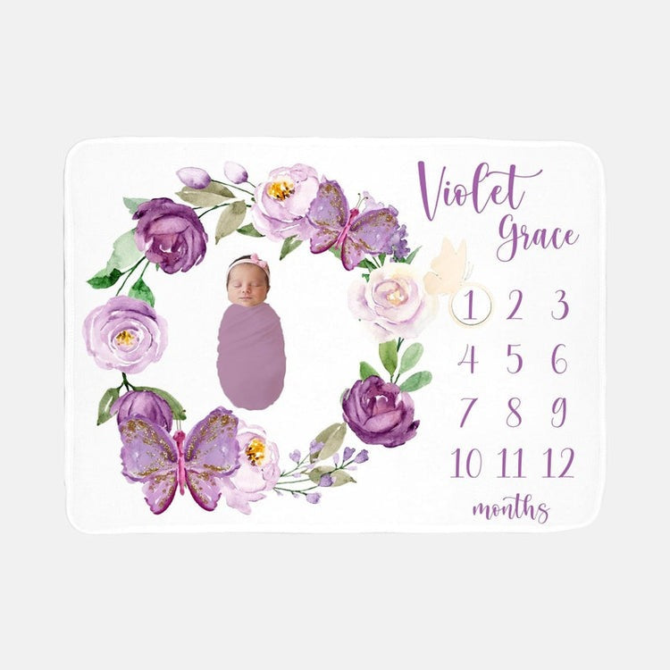 Violet Floral Butterfly Baby Milestones Blanket With Customized Name For Baby Girl Nursery, Daughter, Granddaughter