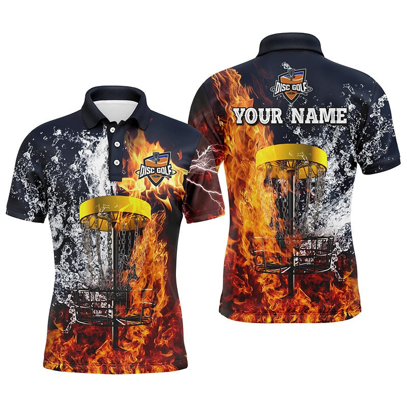 Custom Golf Long Sleeve Men Polo Shirt- Custom Name Fire And Water Disc Golf Basket Apparel- Best Sports Gifts For Disc Golf Lover