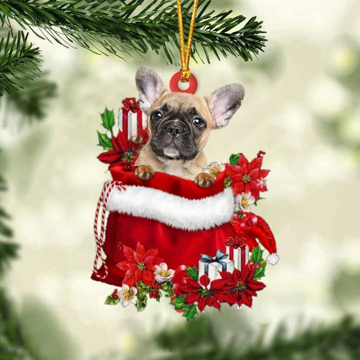 Customized French Bulldog In Red Gift Bag Acrylic Christmas Ornament, Personalized Christmas Gift For Dog Lovers, Dog Mom