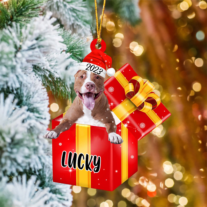 Custom Name Pitbull In Red Gift Box Acrylic Christmas Ornament Personalized Name Pet Christmas Ornament - Gift For Dog Lovers, Pet Lovers