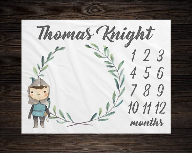 Fairy Tale Boy Knight Baby Milestone Blanket With Customized Name For Baby Boy, Nursery, Son, Grandson, Newborn Gifts