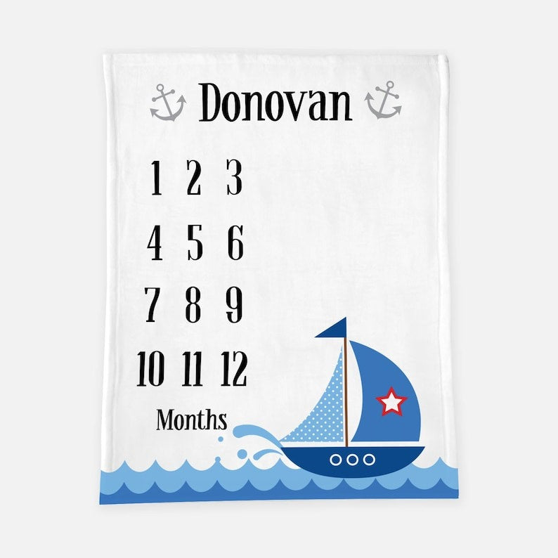 Blue Sailboat Baby Milestone Blanket With Customized Name For Baby Boy Nursery, Son, Grandson, Month Gifts