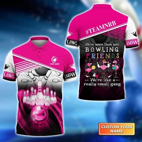 Customized Name Bowling Men Polo Shirt, We're Like A Really Small Gang Personalized Flamingo Bowling Polo Shirt - Gift For Bowlers, Bowling Lovers