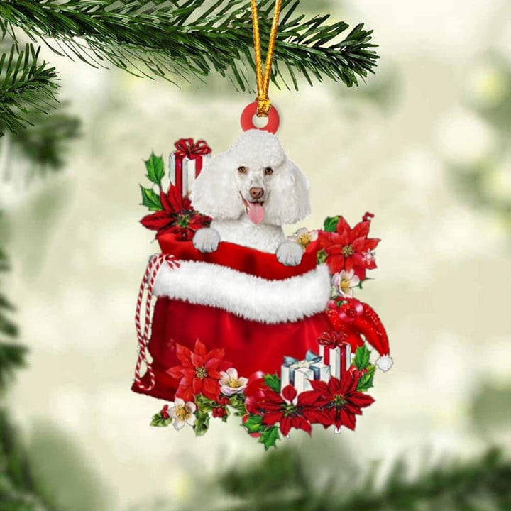 Custom Poodle In Red Gift Bag Acrylic Christmas Ornament, Personalized Name Christmas Gift For Dog Lovers, Dog Mom