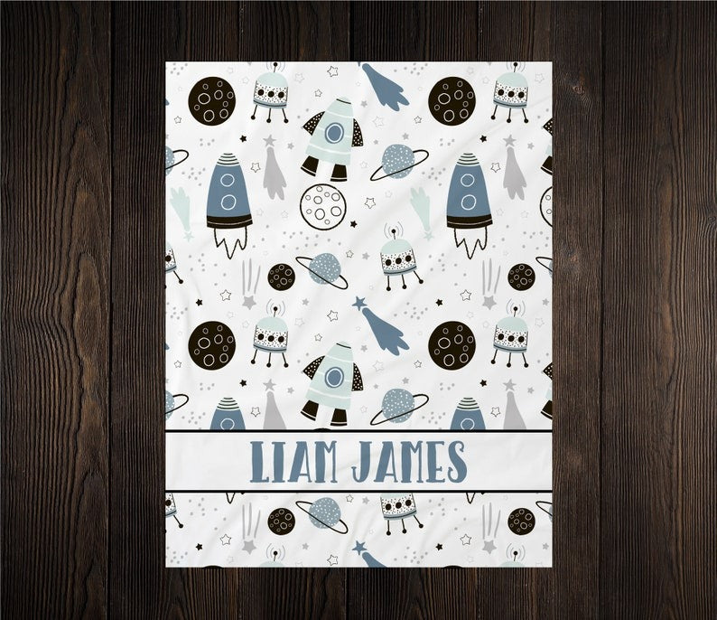 Space Swaddle Baby Kids Blanket With Customized Name For Baby Boy Nursery, Son, Grandson, Month Gifts