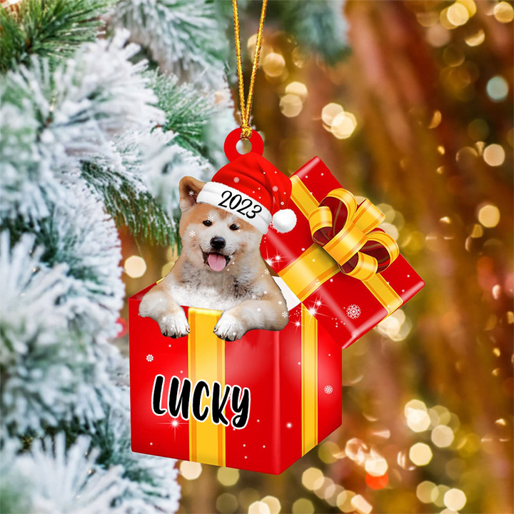 Customized Shiba Inu In Red Gift Box Acrylic Christmas Ornament Custom Name Pet Christmas Ornament - Gift For Dog Lovers, Pet Lovers