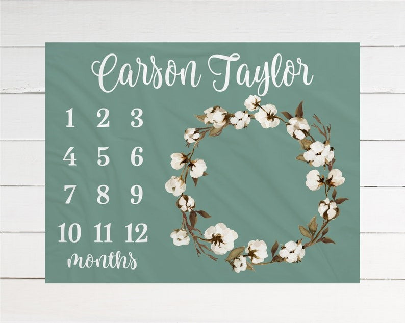 Cotton Flower Wreath Baby Kids Milestone Blanket With Customized Name For Baby Girl Nursery, Daughter, Granddaughter, Month Gifts
