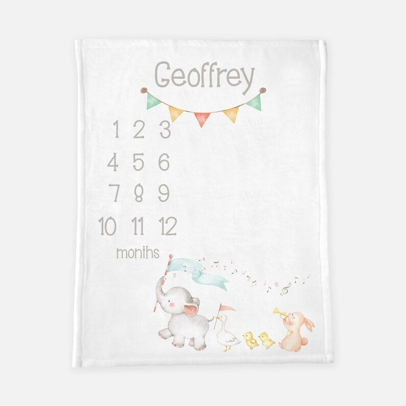 Elephant Baby Milestone Blanket With Customized Name For Baby Boy Nursery, Son, Grandson
