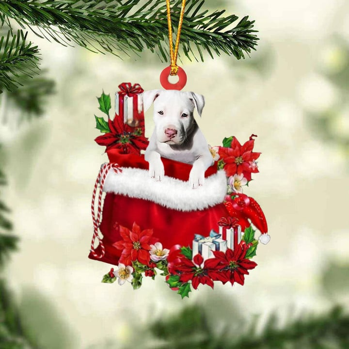 Personalized Staffordshire Bull Terrier In Red Gift Bag Acrylic Christmas Ornament, Custom Name Christmas Gift For Dog Lovers, Dog Mom