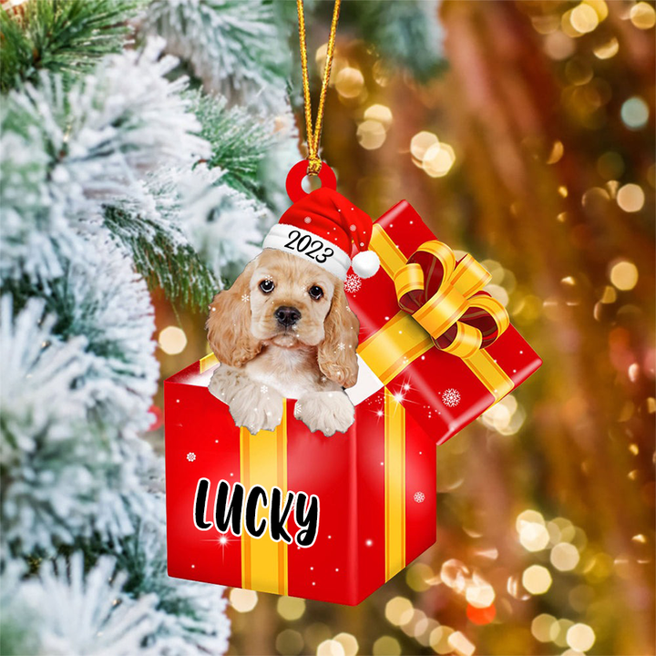 Customized Name Cocker Spaniel In Red Gift Box Acrylic Christmas Ornament Personalized Pet Christmas Ornament - Gift For Dog Lovers, Pet Lovers