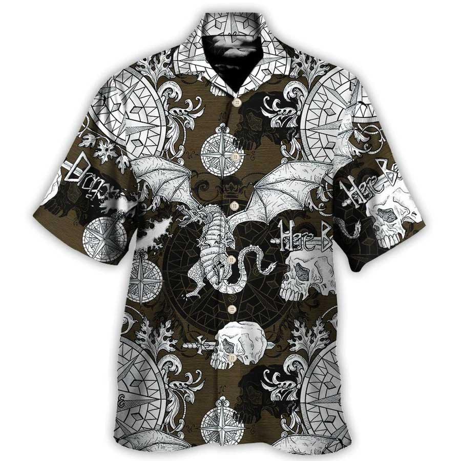 Dragon Aloha Hawaiian Shirt For Summer, Dragon Flying With Skull Gothic Style Hawaiian Shirts Outfit For Men Women, Dragon Lovers, Here Be Dragons - Amzanimalsgift