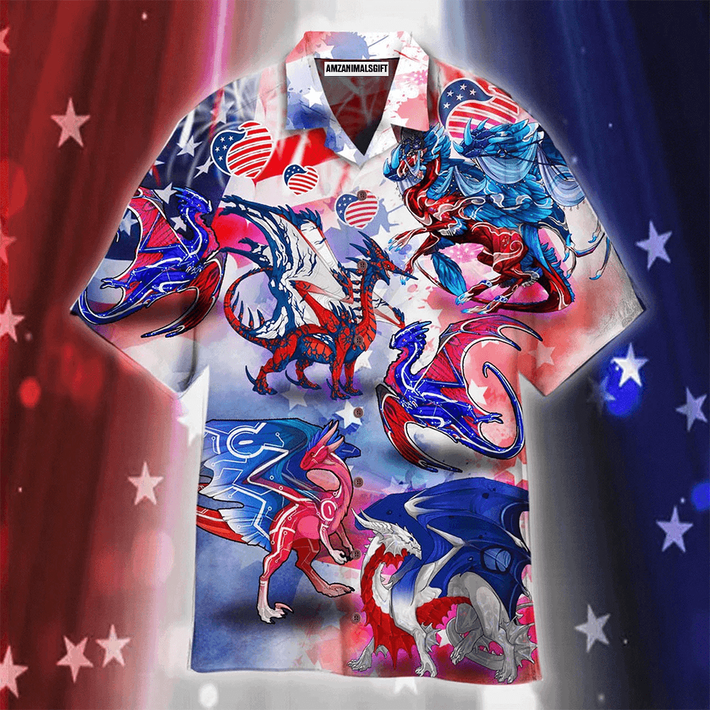 Dragon American Flag Red And Blue Aloha Hawaiian Shirts For Men Women, 4th Of July Gift For Summer, Friend, Family, Independence Day, Dragon Lovers - Amzanimalsgift