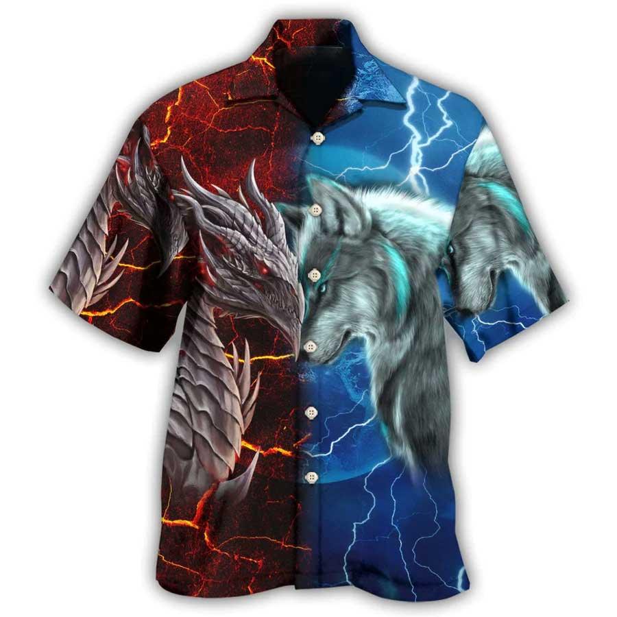 Dragon And Wolf Aloha Hawaiian Shirt For Summer, Dragon Let's Fight Hawaiian Shirts Outfit For Men Women, Dragon Lovers - Amzanimalsgift