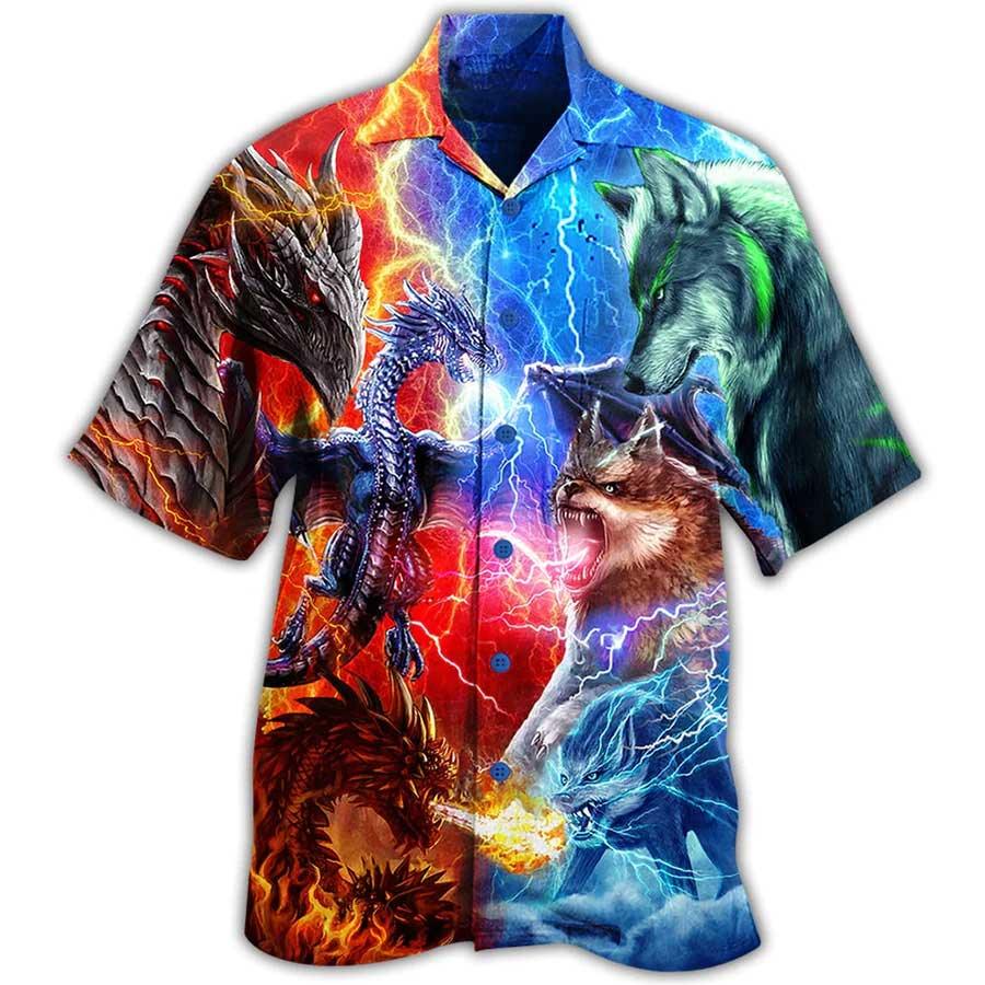 Dragon And Wolf Fighting Aloha Hawaiian Shirt For Summer, Dragon Hawaiian Shirts Outfit For Men Women, Dragon Lovers - Amzanimalsgift
