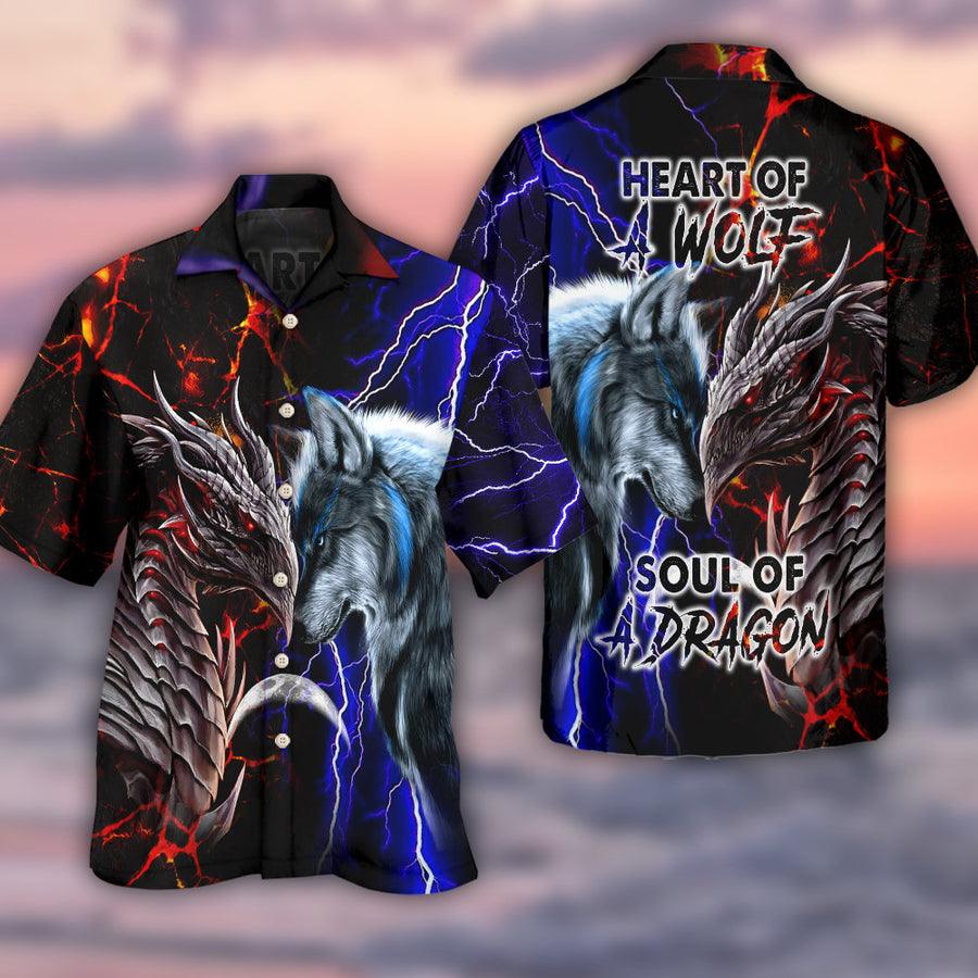 Dragon And Wolf Red And Blue Aloha Hawaiian Shirt For Summer, Heart Of Wolf Soul Of Dragon Hawaiian Shirts Outfit For Men Women, Dragon Lovers - Amzanimalsgift