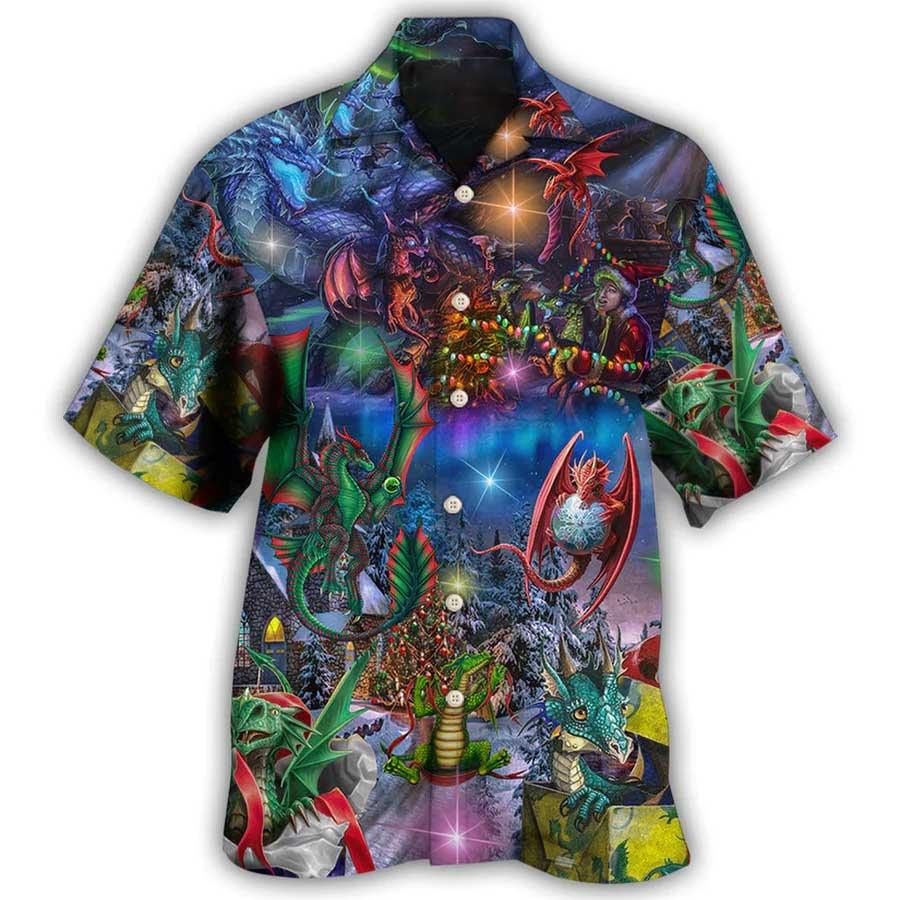 Dragon Christmas Aloha Hawaiian Shirt For Summer, Dragon Merry Christmas Light Art Style Hawaiian Shirts Outfit For Men Women, Dragon Lovers - Amzanimalsgift