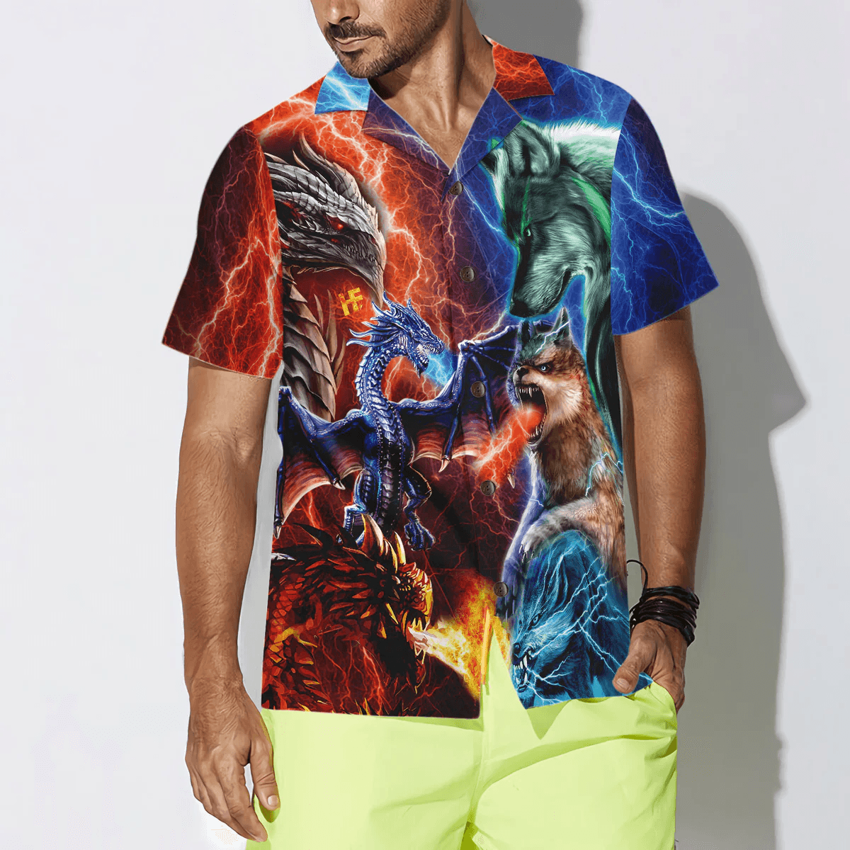 Dragon Hawaiian Shirt - Dragon Vs Wolves Hawaiian Shirt - Perfect Gift For Husband, Boyfriend, Friend, Family - Amzanimalsgift